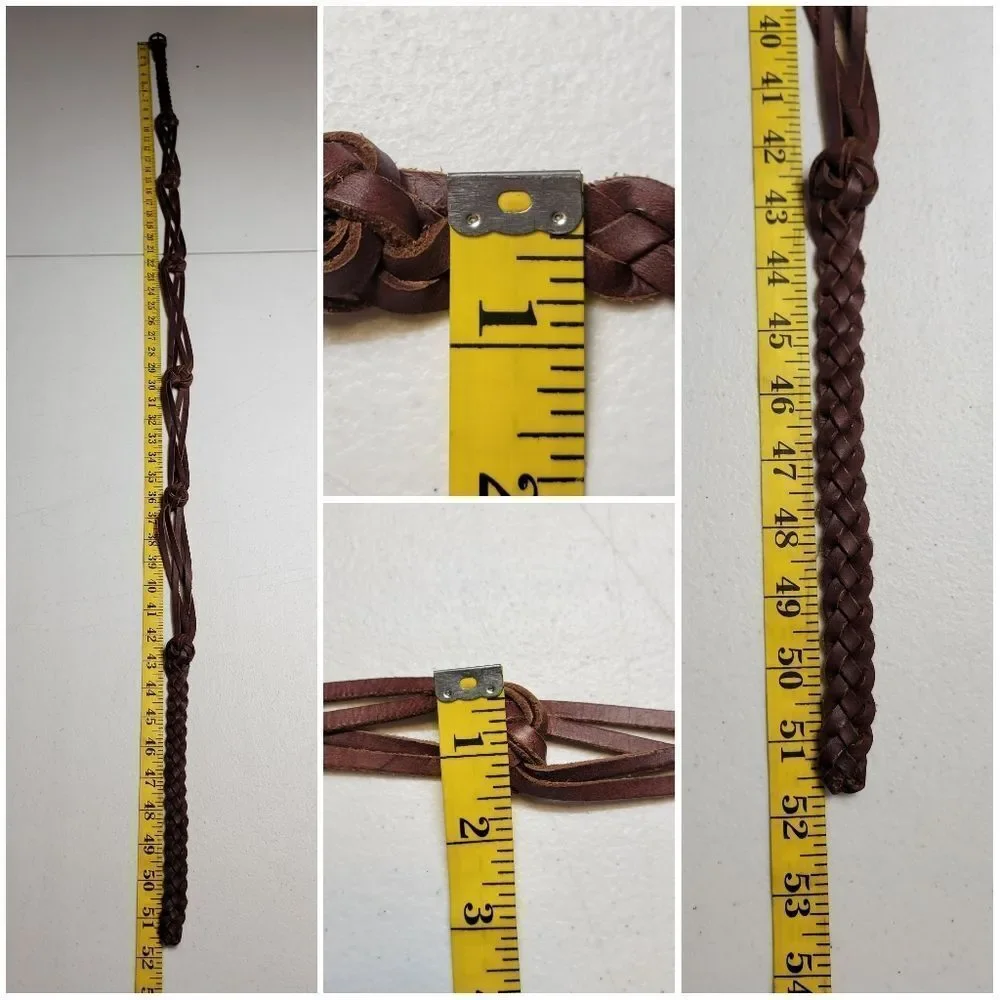 Vintage Plus Size Braided Brown Leather Belt Boho Waist 43-51